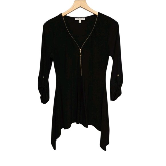 Chaus New York Womens Small Black Zip V Neck Blouse Roll Tab Sleeve Jersey Knit - Picture 3 of 6
